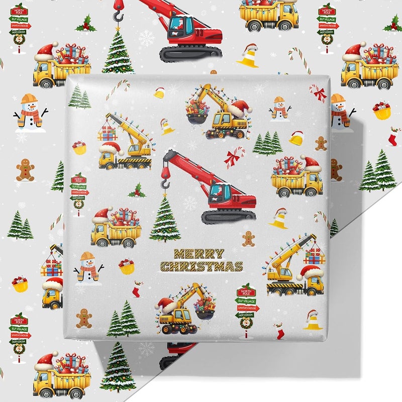 ZINTBIAL Construction Truck Christmas Wrapping Paper - Xmas Gift Wrap with Excavators, Santa,Trees, Snowmen & Gingerbread Men Design - for Kids & Adults Gift Wrapping - 40×28 Inches, 4 Folded Sheets - Image 1